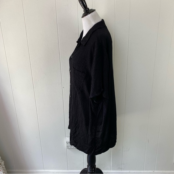 FLAX Large L Blouse Shirt Top Button Down BLACK TEXTURE Short Sleeve Rayon - Picture 7 of 10